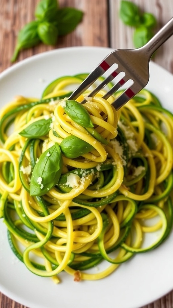 A plate of zucchini noodles garnished with basil and Parmesan cheese on a rustic table.